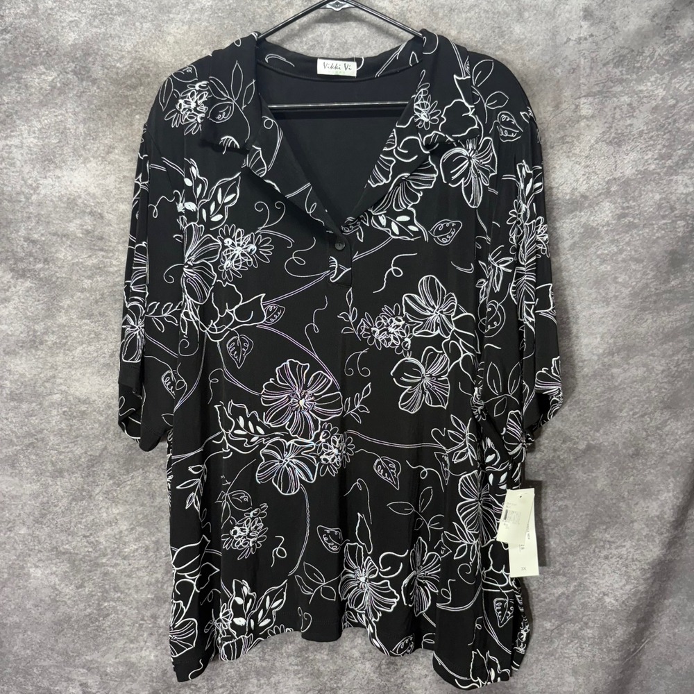 Vikki Vi Black White Floral Slinky Knit Button Up Blouse Top Plus Size 3X NWT